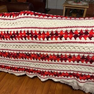 Handmade Crochet Throw Blanket - Cream and Red